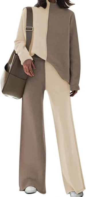 Linsery Women 2 Piece Sweater Sets High Neck Knitted Pullover Wide Leg Casual Sweatsuit