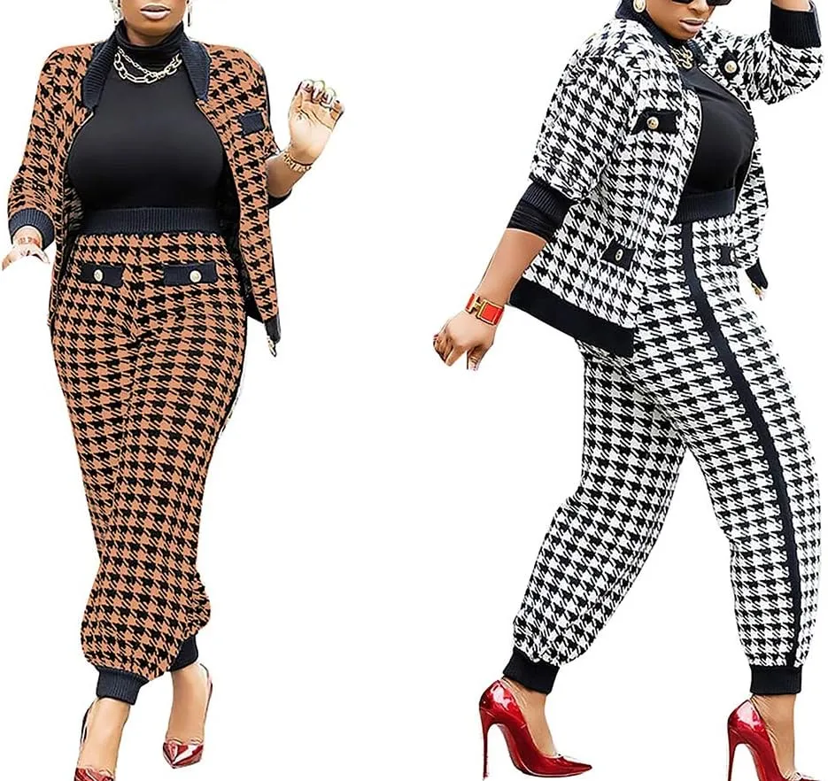 LKOUS 2 Piece Work Suits for Women's Houndstooth Print Buttons Open Front Long Sleeve Coat   Long Pants Casual Clothes