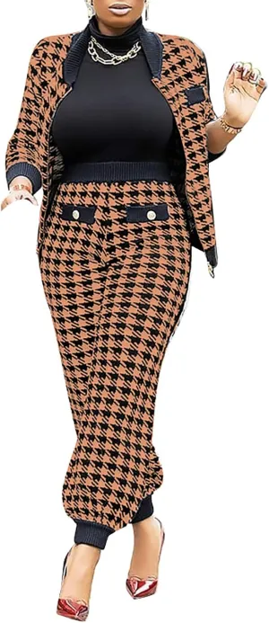 LKOUS 2 Piece Work Suits for Women's Houndstooth Print Buttons Open Front Long Sleeve Coat   Long Pants Casual Clothes