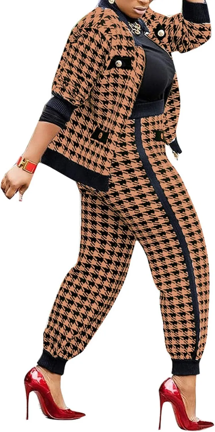 LKOUS 2 Piece Work Suits for Women's Houndstooth Print Buttons Open Front Long Sleeve Coat   Long Pants Casual Clothes