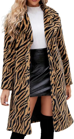 Lmdudan Womens 2024 Winter Faux Fur Coat Leopard Print Fleece Long Jacket Retro Lapel Warm Overcoat Plus Size Trench Coats