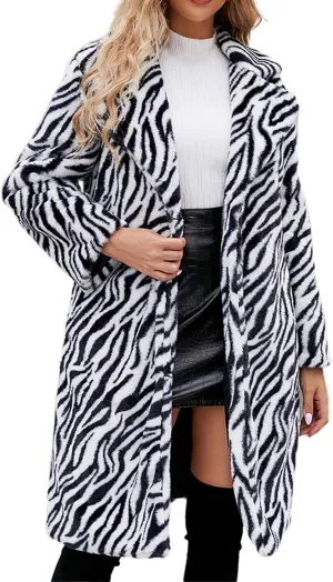 Lmdudan Womens 2024 Winter Faux Fur Coat Leopard Print Fleece Long Jacket Retro Lapel Warm Overcoat Plus Size Trench Coats
