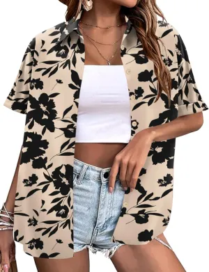 LOMON Women's Summer Hawaiian Shirts Floral Short Sleeve Button Down Shirts Hawaii Tropical Beach Tops Outfits