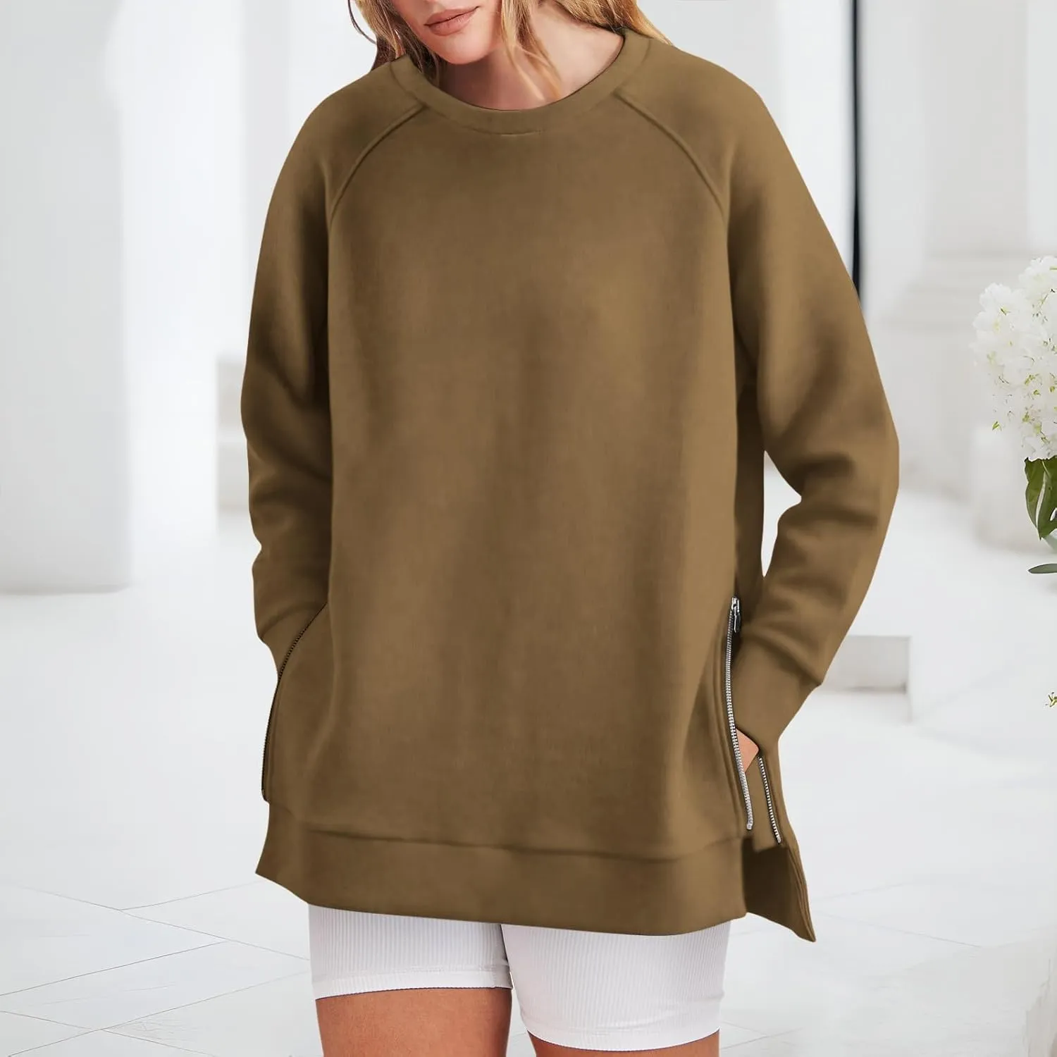 Long Sleeve Shirts for Women Oversized Sweatshirt Crewneck Tunic Pollover Shirts Side Zipper Hoodie Sweater 2024 Fall Clothes