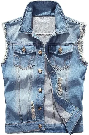LONGBIDA Men's Denim Vest Casual Slim Fit Sleeveless Jacket Vintage Ripped Summer Jean Vests