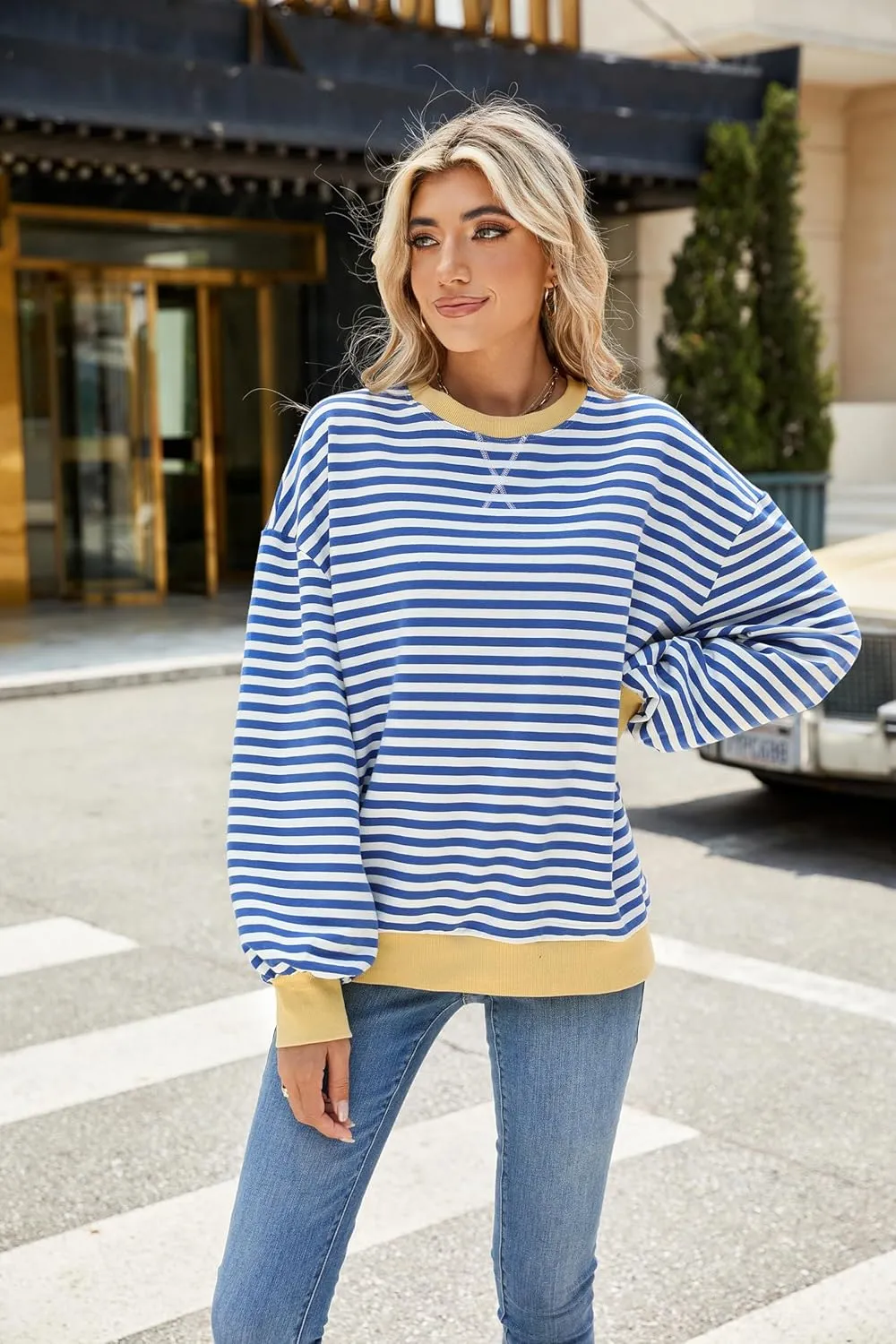 Lopie Women Sweatshirt Striped Long Sleeve Crew Neck Casual Loose Lightweight Comfy Pullover Shirt Tops