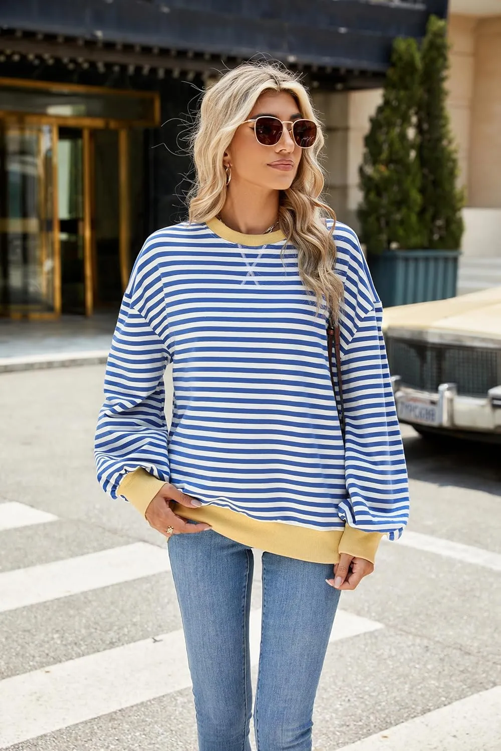 Lopie Women Sweatshirt Striped Long Sleeve Crew Neck Casual Loose Lightweight Comfy Pullover Shirt Tops