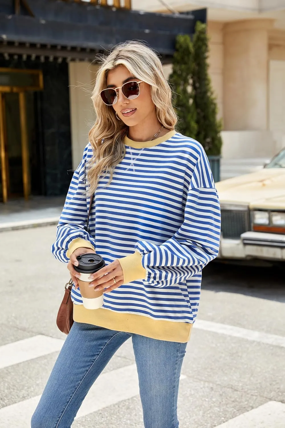 Lopie Women Sweatshirt Striped Long Sleeve Crew Neck Casual Loose Lightweight Comfy Pullover Shirt Tops