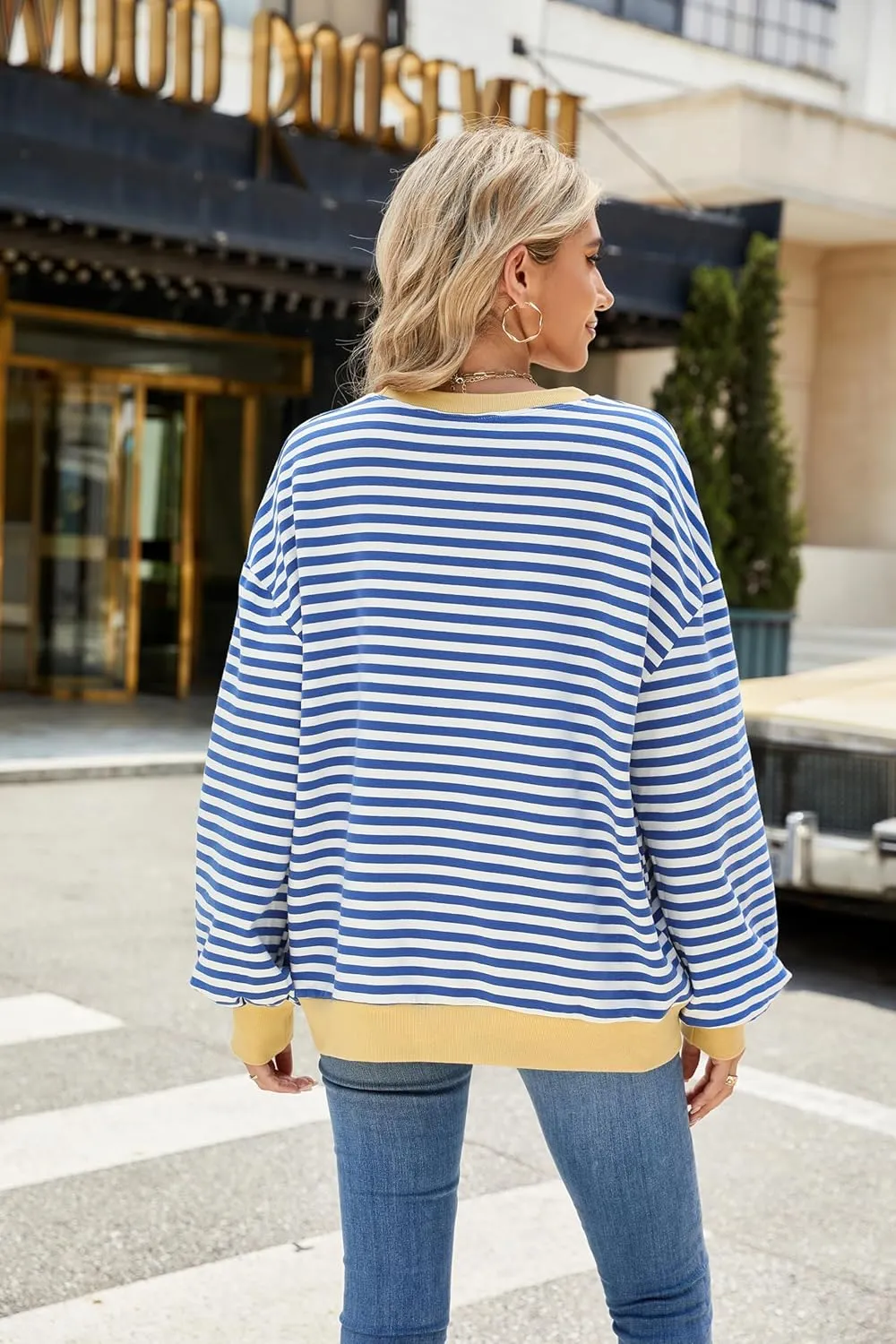 Lopie Women Sweatshirt Striped Long Sleeve Crew Neck Casual Loose Lightweight Comfy Pullover Shirt Tops