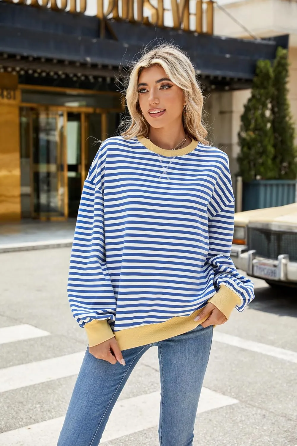 Lopie Women Sweatshirt Striped Long Sleeve Crew Neck Casual Loose Lightweight Comfy Pullover Shirt Tops