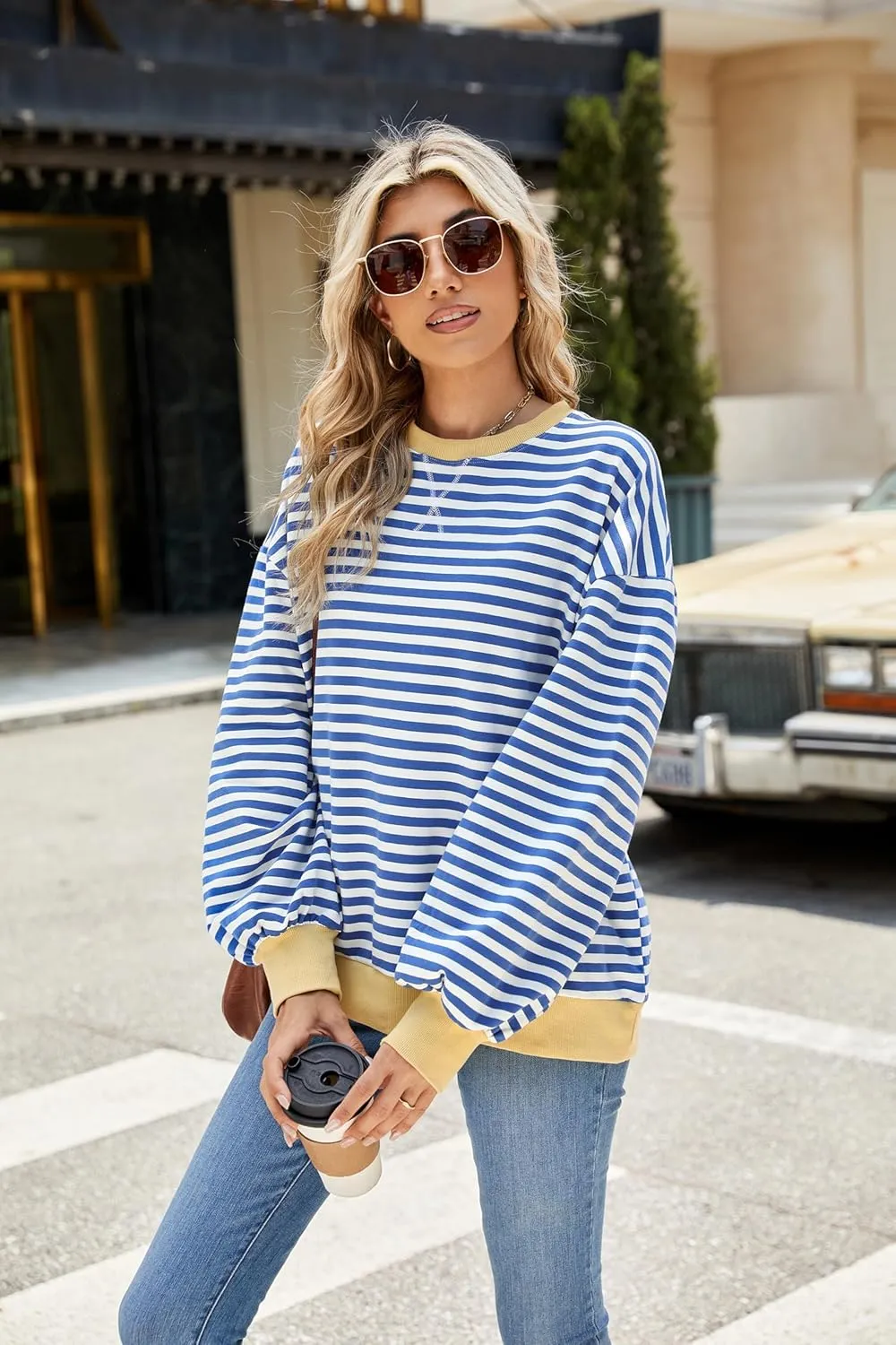 Lopie Women Sweatshirt Striped Long Sleeve Crew Neck Casual Loose Lightweight Comfy Pullover Shirt Tops