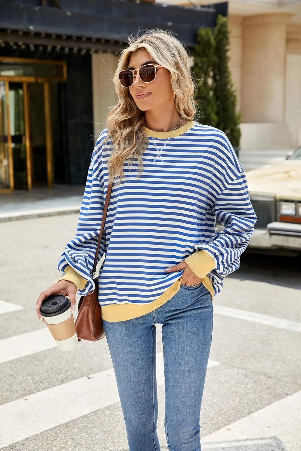 Lopie Women Sweatshirt Striped Long Sleeve Crew Neck Casual Loose Lightweight Comfy Pullover Shirt Tops