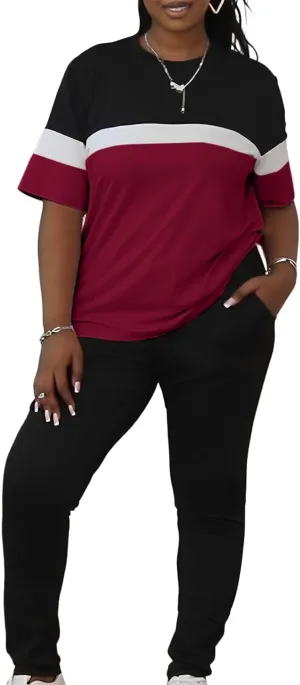 LovelyWholesale Plus Size 2 Piece Outfits for Women Color Block Tracksuit Short Sleeve Top and Pants Set