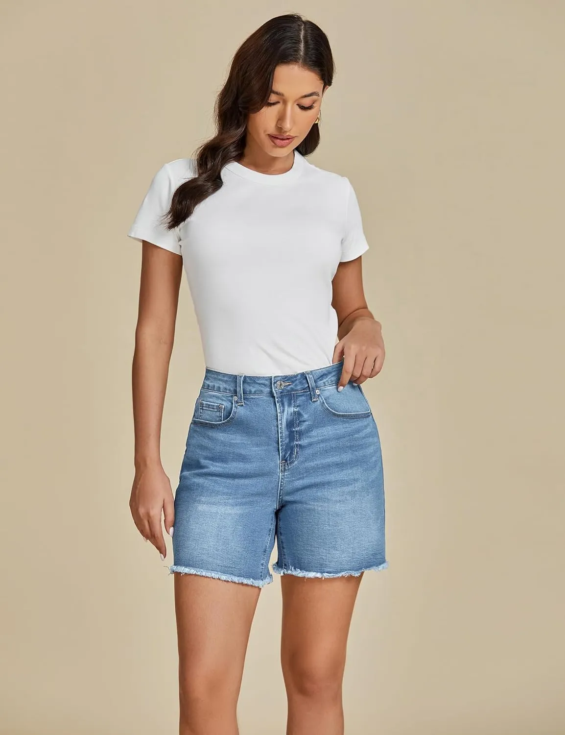 luvamia FleXclusive Jean Shorts for Women Trendy High Waisted Stretchy Denim Summer Raw Hem Mom Long Shorts Cutoff Jorts