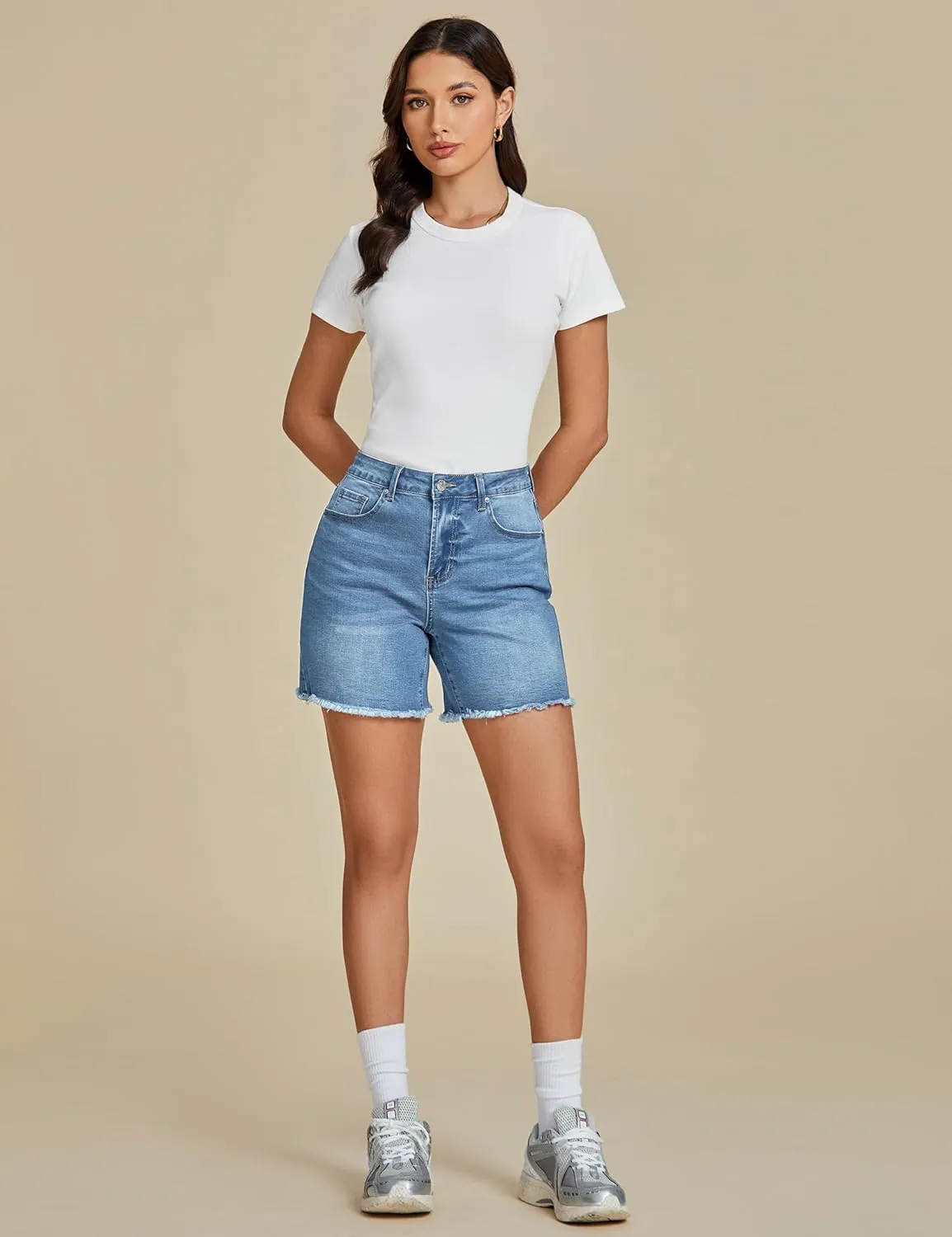 luvamia FleXclusive Jean Shorts for Women Trendy High Waisted Stretchy Denim Summer Raw Hem Mom Long Shorts Cutoff Jorts