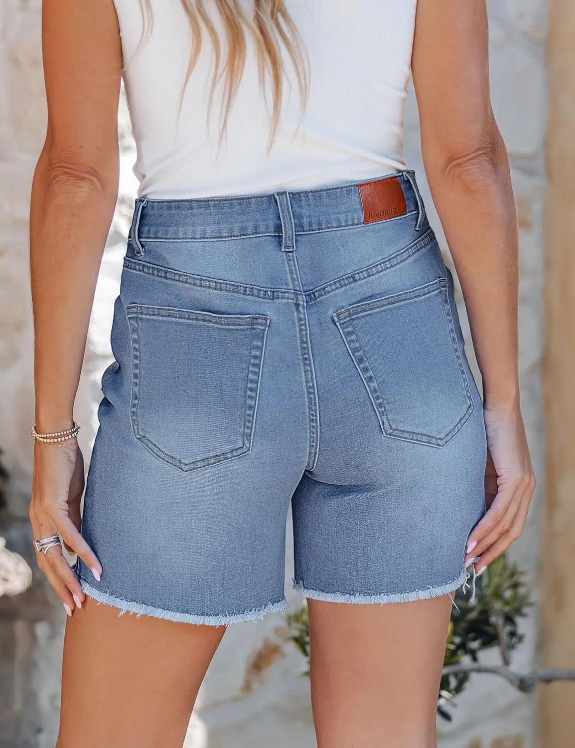 luvamia FleXclusive Jean Shorts for Women Trendy High Waisted Stretchy Denim Summer Raw Hem Mom Long Shorts Cutoff Jorts