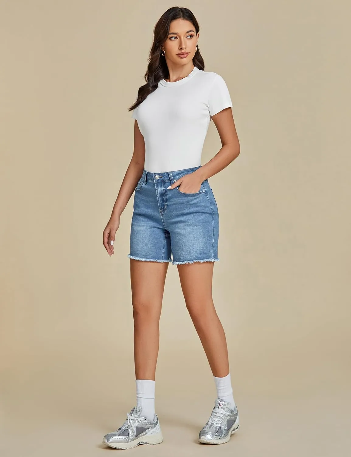 luvamia FleXclusive Jean Shorts for Women Trendy High Waisted Stretchy Denim Summer Raw Hem Mom Long Shorts Cutoff Jorts