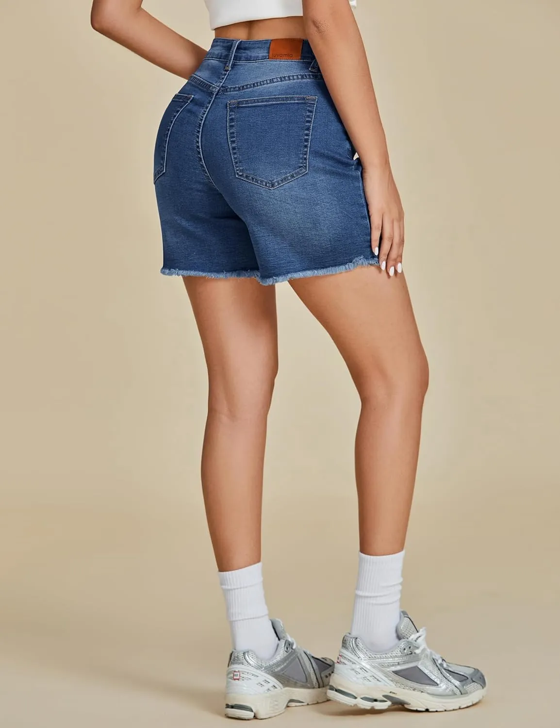 luvamia FleXclusive Jean Shorts for Women Trendy High Waisted Stretchy Denim Summer Raw Hem Mom Long Shorts Cutoff Jorts