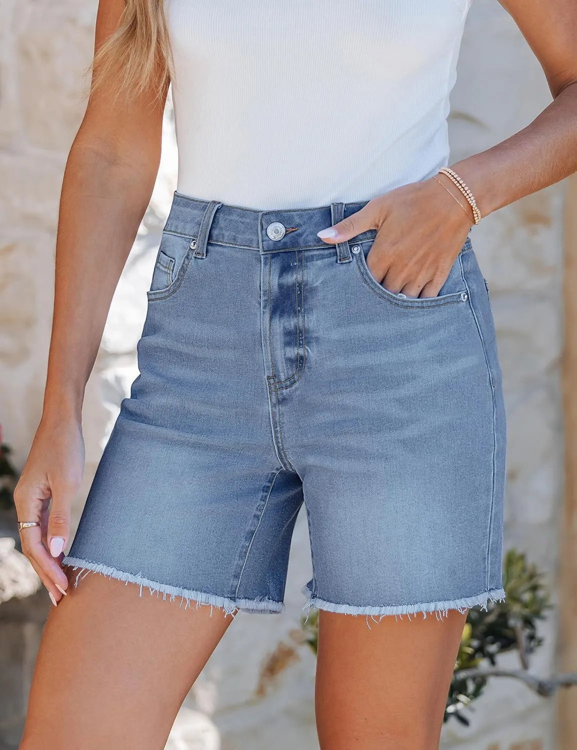 luvamia FleXclusive Jean Shorts for Women Trendy High Waisted Stretchy Denim Summer Raw Hem Mom Long Shorts Cutoff Jorts