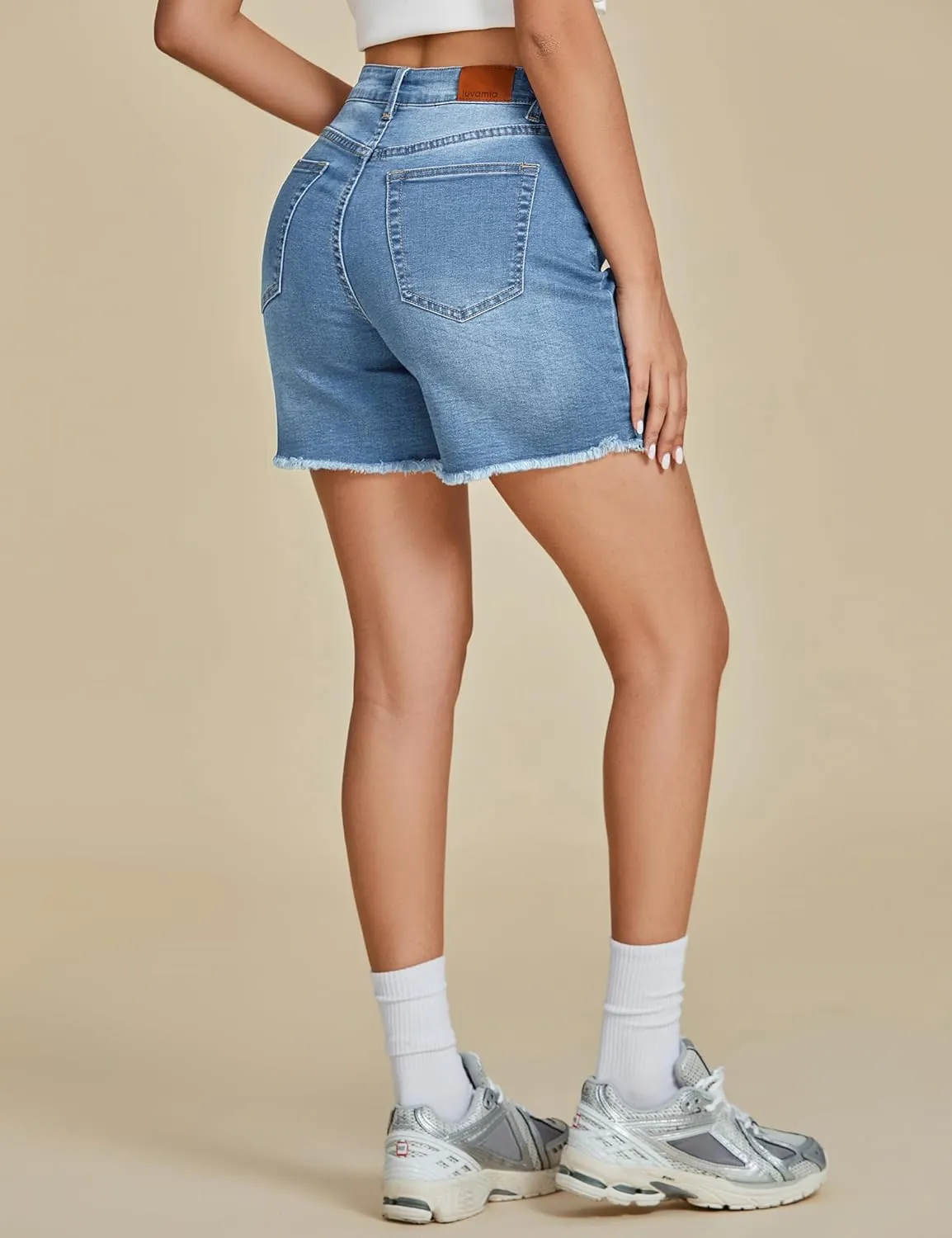 luvamia FleXclusive Jean Shorts for Women Trendy High Waisted Stretchy Denim Summer Raw Hem Mom Long Shorts Cutoff Jorts