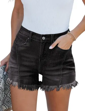 luvamia Jean Shorts for Women Trendy High Waisted Seamed Front Stretchy Denim Shorts Cut Off Frayed Hem Casual Summer