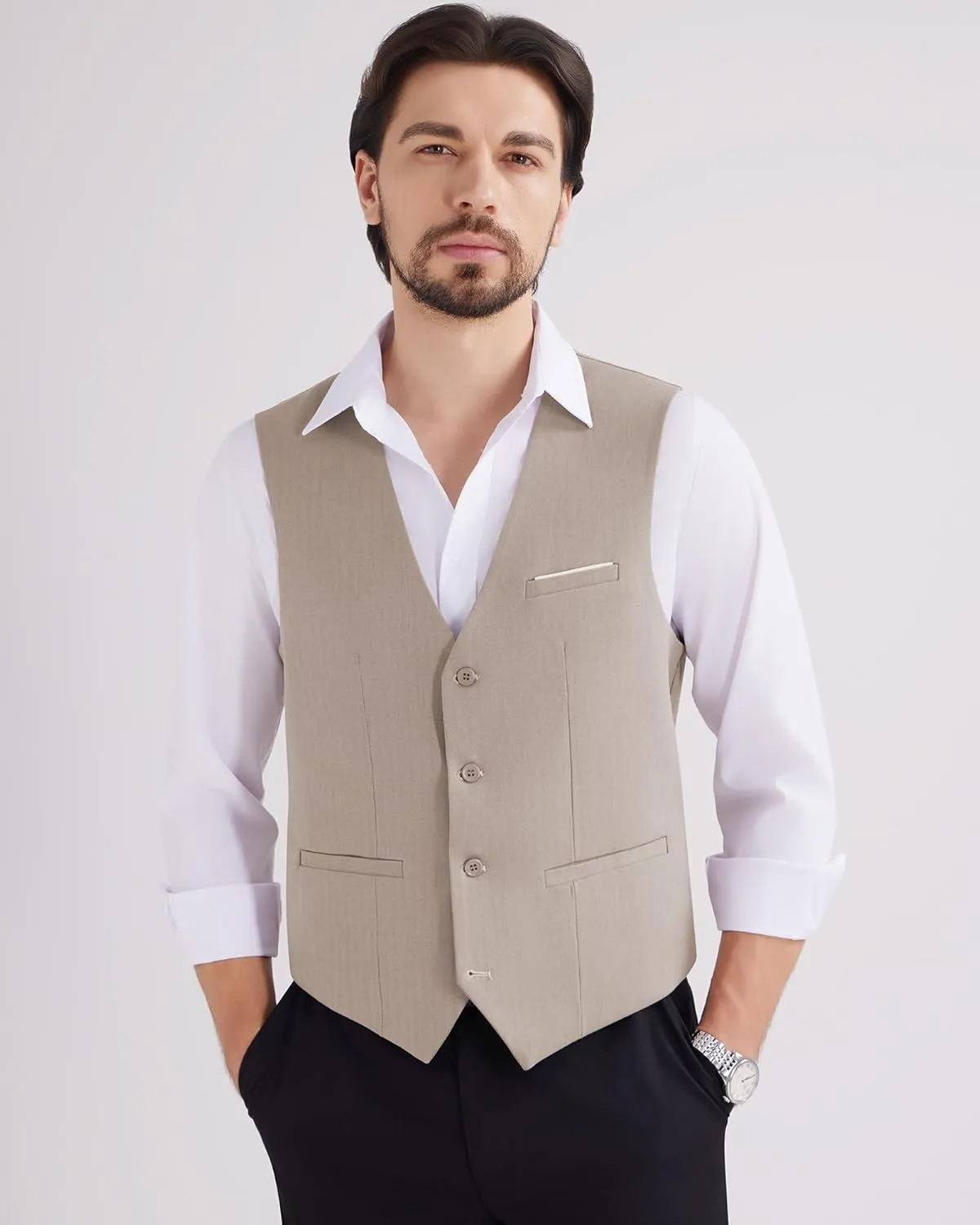 MAGE MALE Men's Suit Vests Herringbone Pinstripe Dress Vest Casual Business Waistcoat Vest