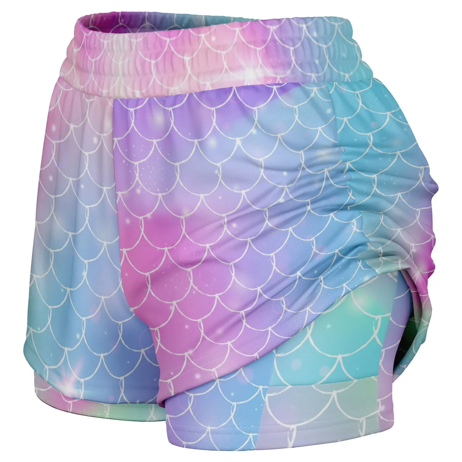 Magical 2-in-1 Unicorn Mermaid running shorts with phone pocket!