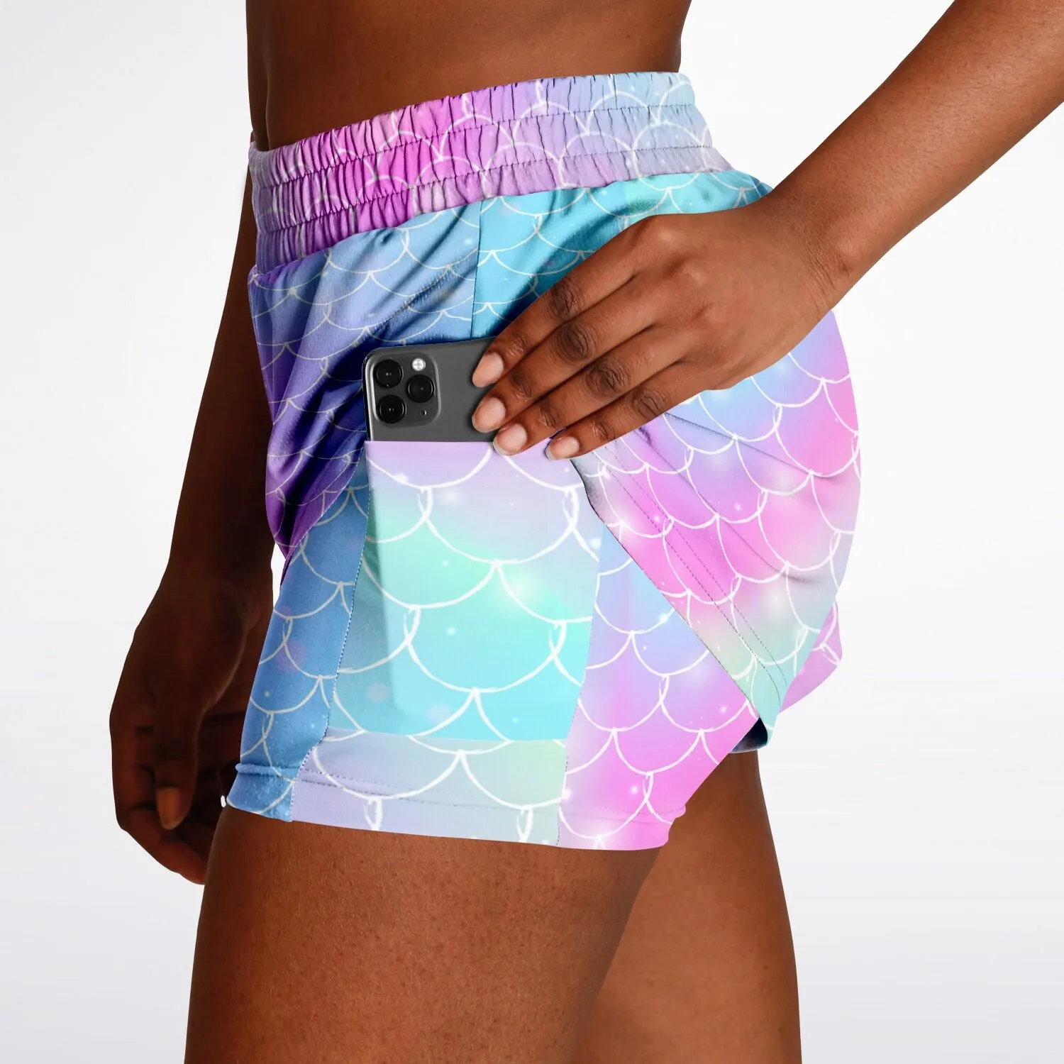 Magical 2-in-1 Unicorn Mermaid running shorts with phone pocket!