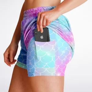 Magical 2-in-1 Unicorn Mermaid running shorts with phone pocket!