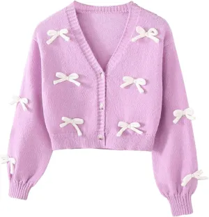 MakeMeChic Girl's 3D Bow Long Sleeve V Neck Button Down Cardigan Sweater Knitted Outerwear