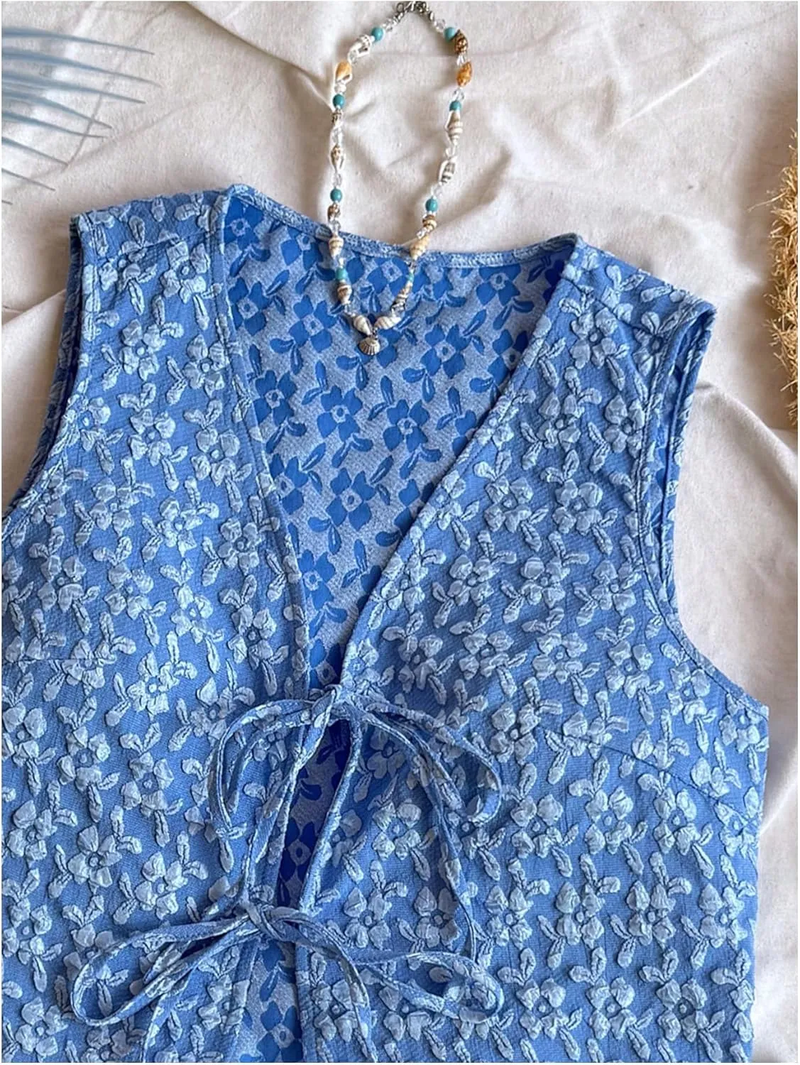 MakeMeChic Women's Floral Print Tie Front Vest Outerwear Sleeveless V Neck Boho Vests