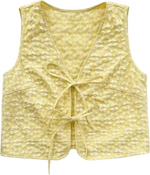 MakeMeChic Women's Floral Print Tie Front Vest Outerwear Sleeveless V Neck Boho Vests