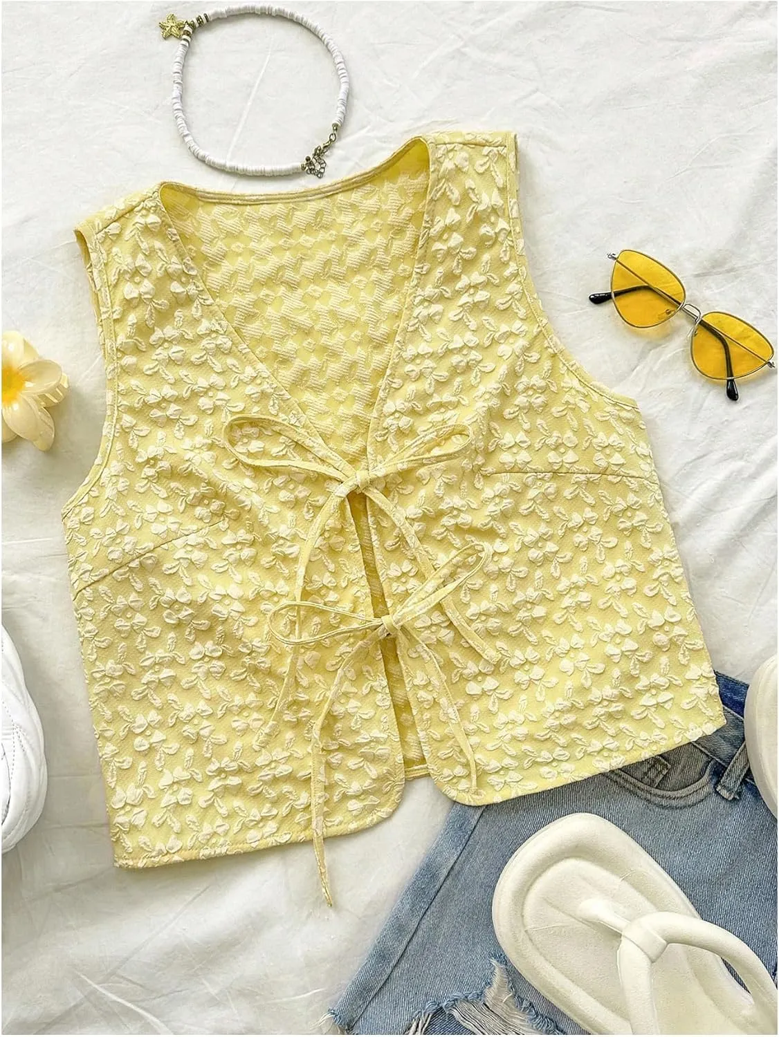 MakeMeChic Women's Floral Print Tie Front Vest Outerwear Sleeveless V Neck Boho Vests