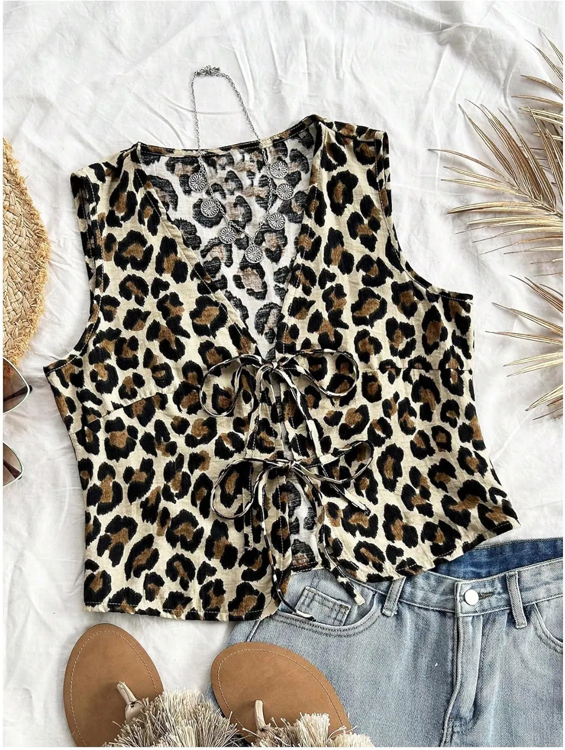 MakeMeChic Women's Floral Print Tie Front Vest Outerwear Sleeveless V Neck Boho Vests