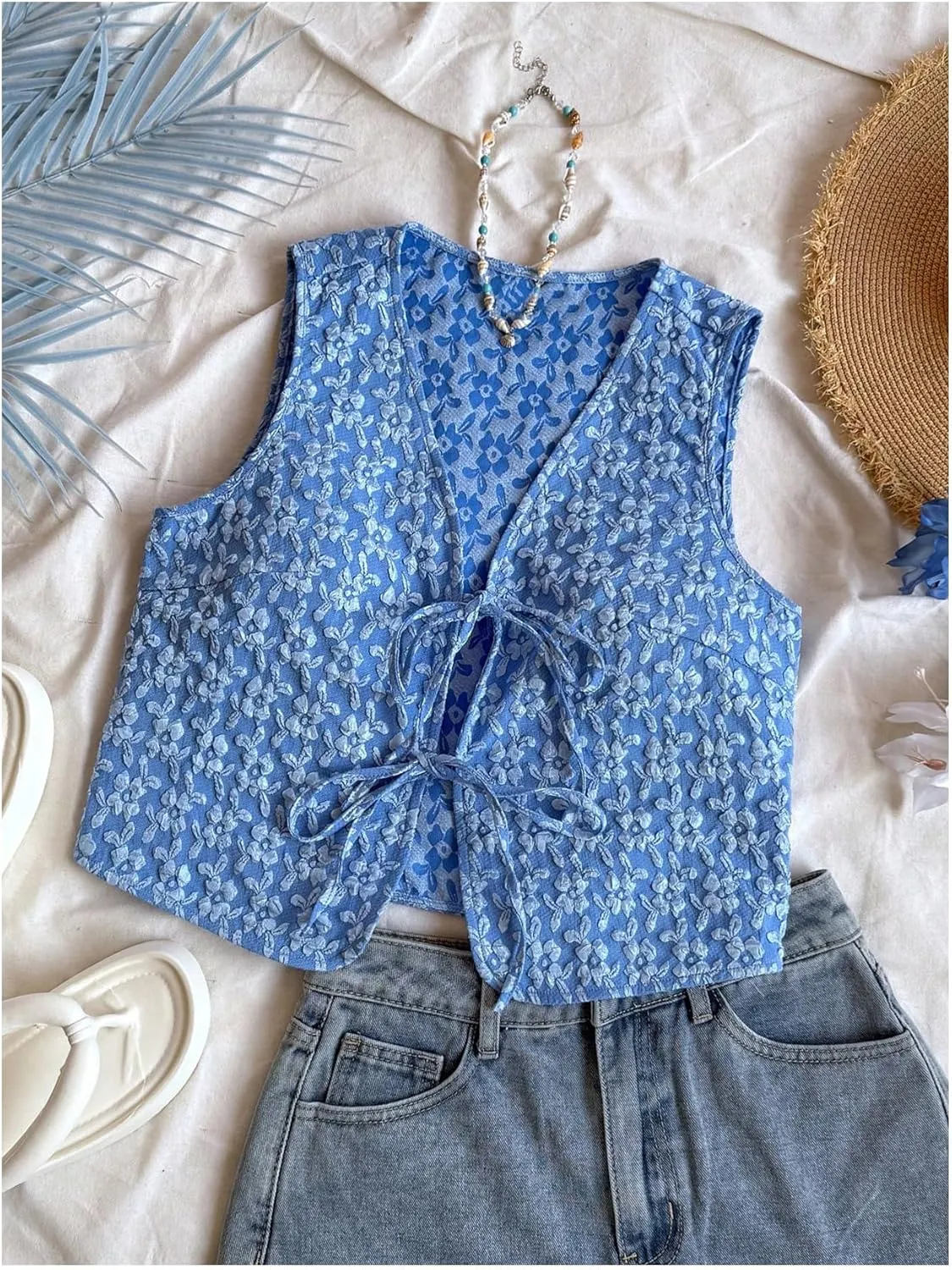 MakeMeChic Women's Floral Print Tie Front Vest Outerwear Sleeveless V Neck Boho Vests