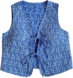 MakeMeChic Women's Floral Print Tie Front Vest Outerwear Sleeveless V Neck Boho Vests