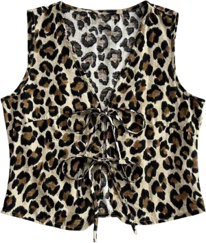 MakeMeChic Women's Floral Print Tie Front Vest Outerwear Sleeveless V Neck Boho Vests