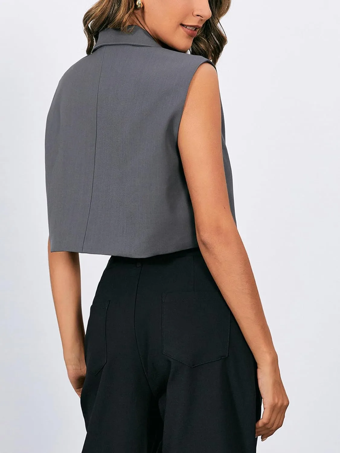 MakeMeChic Women's Suit Vest Crop Sleeveless Tops Lapel Button Front Waistcoat Vests