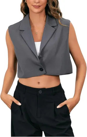 MakeMeChic Women's Suit Vest Crop Sleeveless Tops Lapel Button Front Waistcoat Vests