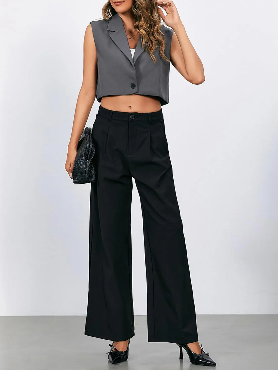 MakeMeChic Women's Suit Vest Crop Sleeveless Tops Lapel Button Front Waistcoat Vests