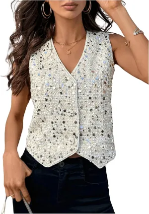 MakeMeChic Women's Tweed Sequin Sparkly Vest V Neck Button Down Sleeveless Blazer Vests
