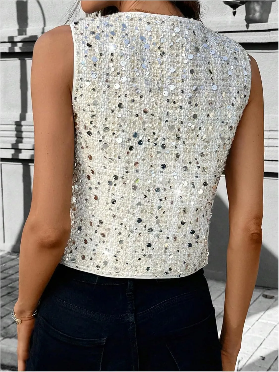 MakeMeChic Women's Tweed Sequin Sparkly Vest V Neck Button Down Sleeveless Blazer Vests