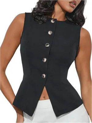 MakeMeChic Women's Vest Top Crew Neck Button Down Casual Blazer Vests Sleeveless Work Office Tops