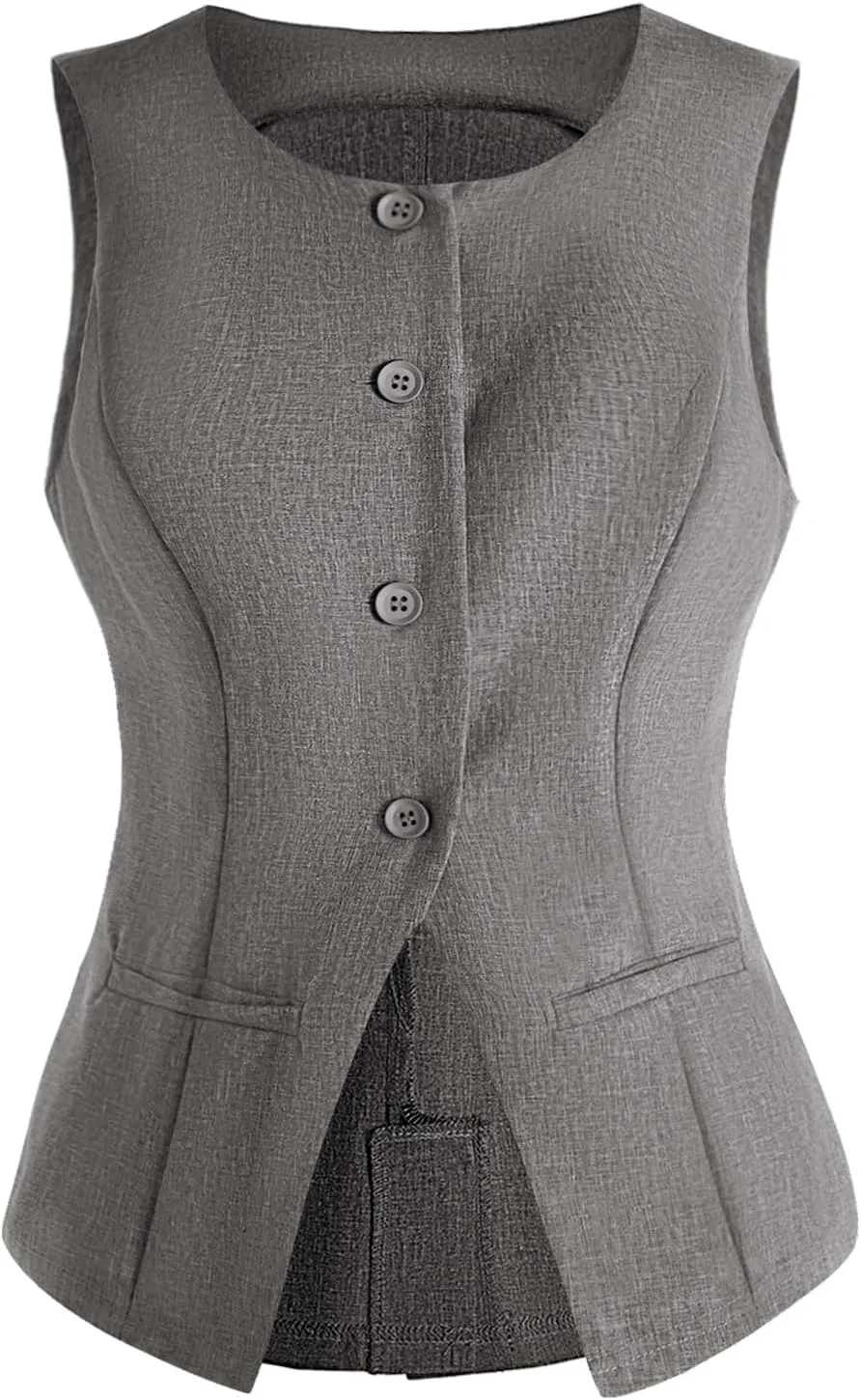 MakeMeChic Women's Vest Top Sleeveless Blazer Split Hem Button Down Dressy Suit Vest Outerwear Waistcoat
