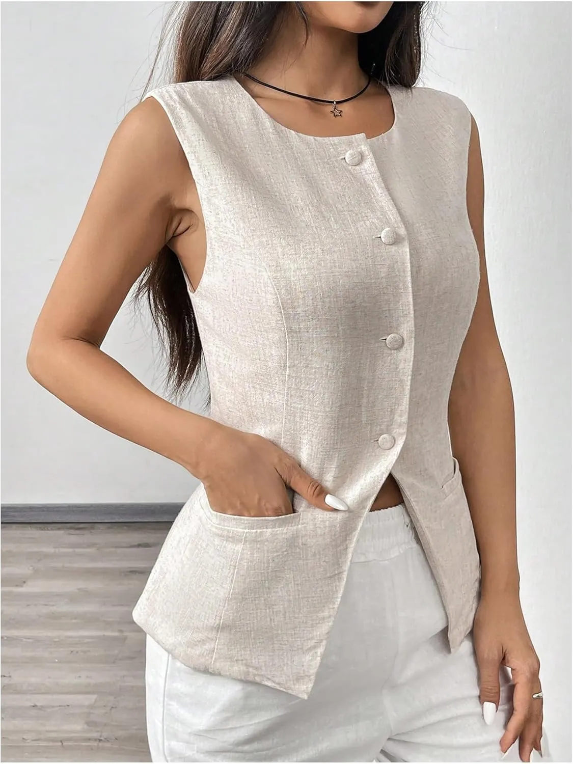 MakeMeChic Women's Vest Top Sleeveless Blazer Split Hem Button Down Dressy Suit Vest Outerwear Waistcoat