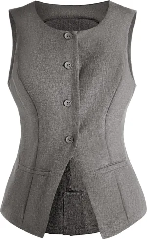 MakeMeChic Women's Vest Top Sleeveless Blazer Split Hem Button Down Dressy Suit Vest Outerwear Waistcoat