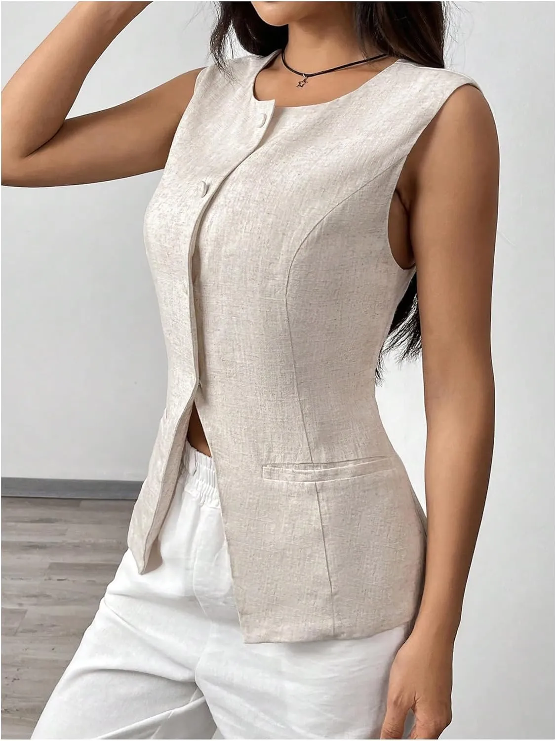 MakeMeChic Women's Vest Top Sleeveless Blazer Split Hem Button Down Dressy Suit Vest Outerwear Waistcoat