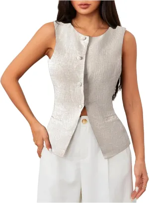 MakeMeChic Women's Vest Top Sleeveless Blazer Split Hem Button Down Dressy Suit Vest Outerwear Waistcoat