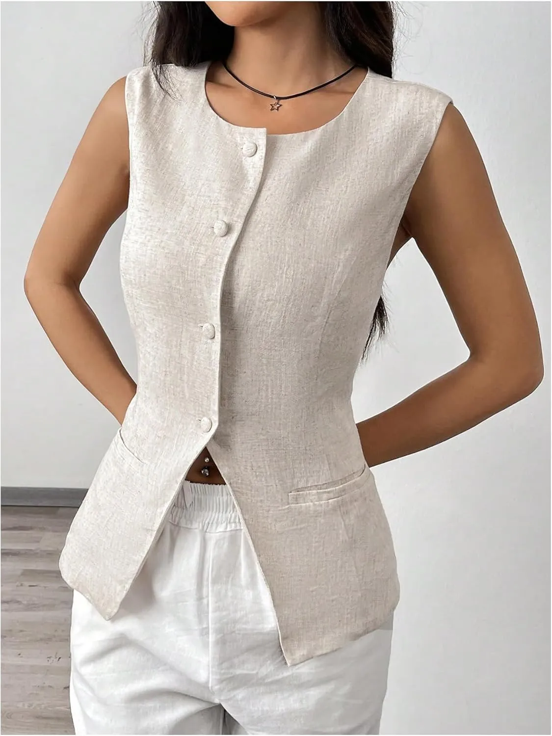 MakeMeChic Women's Vest Top Sleeveless Blazer Split Hem Button Down Dressy Suit Vest Outerwear Waistcoat