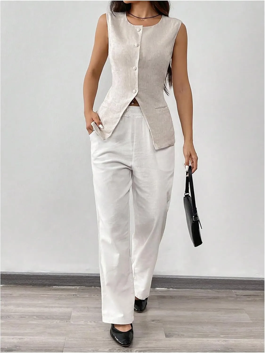 MakeMeChic Women's Vest Top Sleeveless Blazer Split Hem Button Down Dressy Suit Vest Outerwear Waistcoat